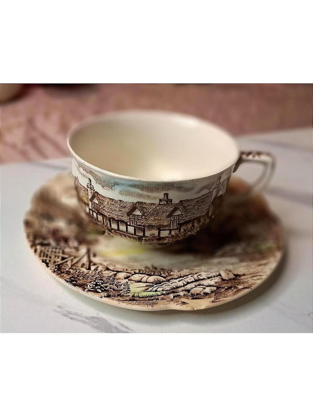 Vintage Johnson Bros "Olde English Countryside" Brown Teacup and Saucer